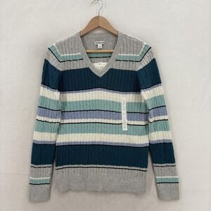 Croft & Barrow Sweater Womens Small Multicolor Stripe V Neck Cable Knit Preppy